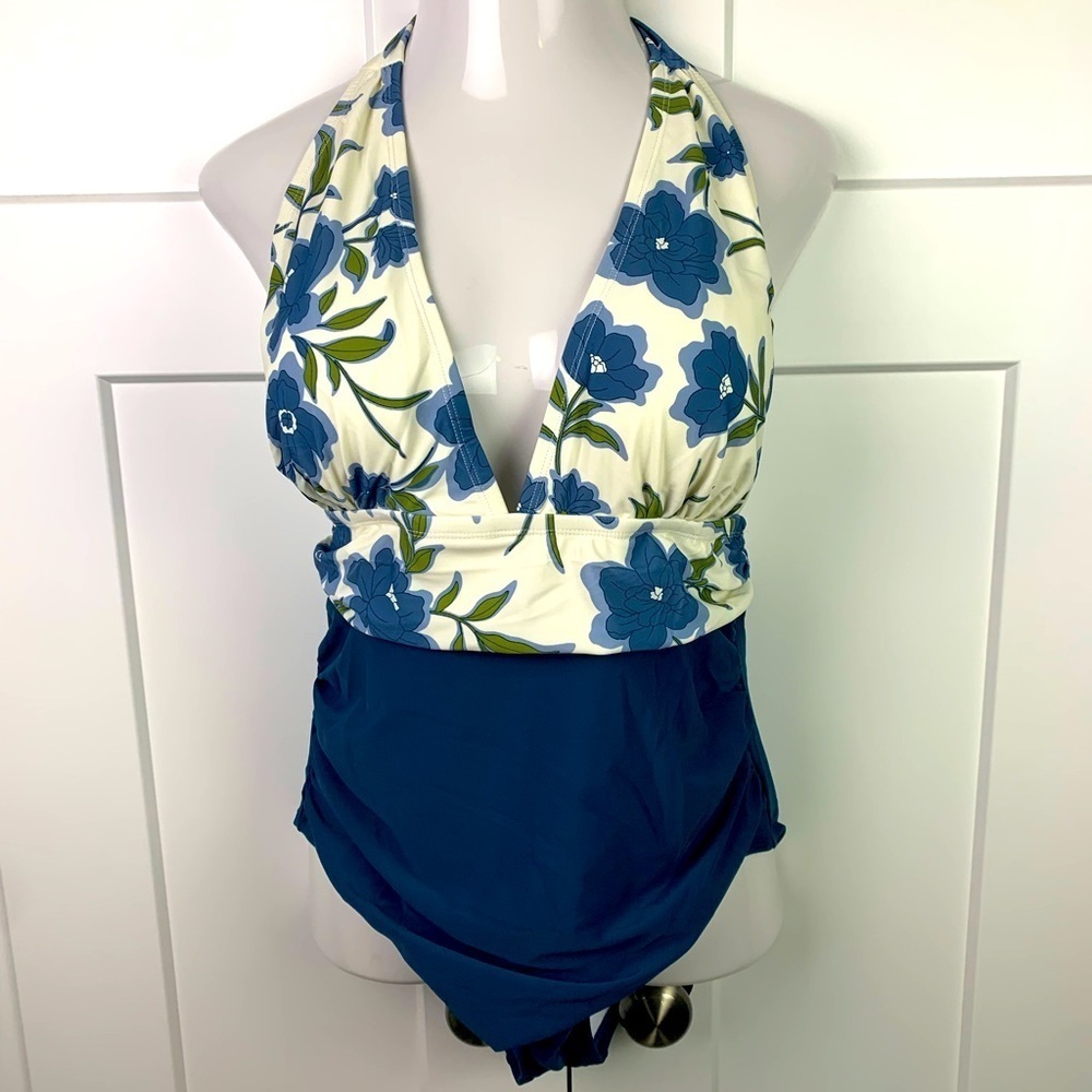 NWT CUPSHE XL DD One Puece Swimsuit Blue Ivory Floral Halter
